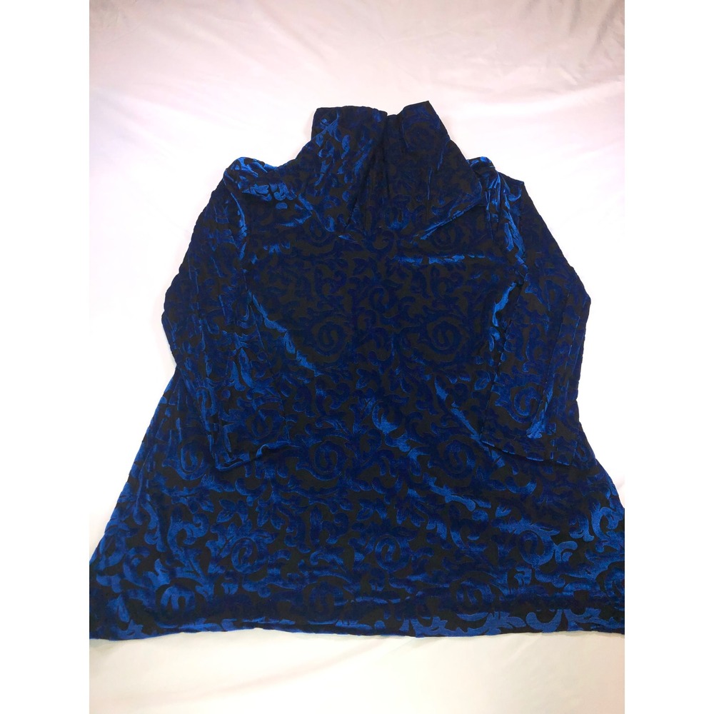 Ruby Rd Womens Blue Black Damask Velvet Flocked Cowl Neck Tunic Top Small